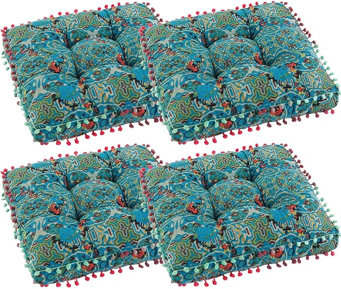 Bohemian Seat Cushion，Indoor & Outdoor 16.5" x 16.5" Seating Cushion for Dinning Chairs, Decorative with Tassels(4Pcs, Green)