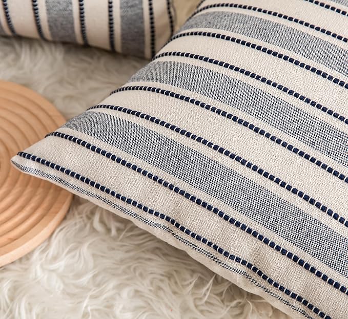 Decorative Boho Lumbar Throw Pillow Covers, Farmhouse Textured Pillow Case, 12 x 20 Inch Set of 2, Chair Sofa Bedroom Living Room Decor Couch Cushion Case, Navy Blue and Beige
