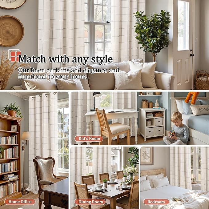 Grey Linen Blackout Curtains for Living Room - Plaid Patterned Curtains 72 Inch Long, Boho Black Out Thermal Insulated Drapes for Bedroom Grommet Style 52x72 Inch 2 Panels