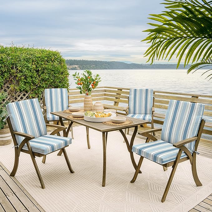 Arden Outdoor Dining Chair Cushion, 20 x 20, Rain-Proof, Fade Resistant, French Blue Linen Stripe