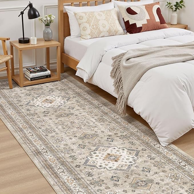 Vintage Hallway Runner Rug 3x12: Large Soft Washable Entryway for Kitchen Laundry Room Non-Slip Backing Runner for Entrance Living Room Bedroom Bathroom - Beige