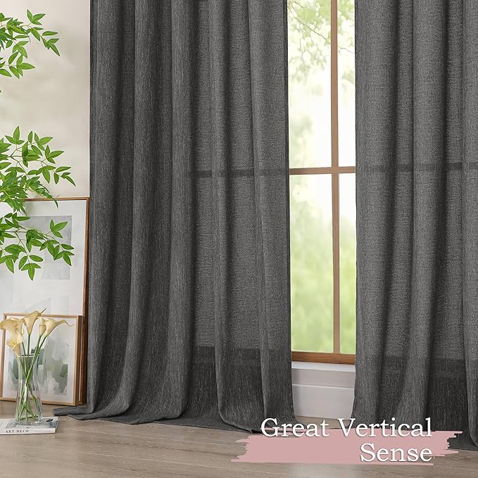 Simplebrand Grey Faux Linen Textured Semi Sheer Curtains 72 Inches Long 2 Panels Set, Light Filtering Privacy Farmhouse Curtains, Soft Window Drapes Rod Pocket Top for French Door, Bedroom, 40W x 72L