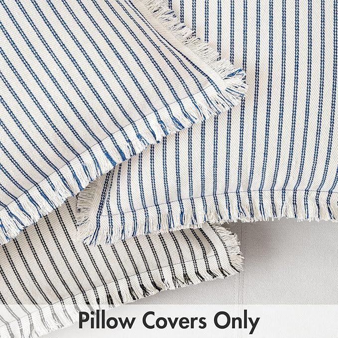 MIULEE Pack of 2 Black Pillow Covers 24x24 Inch Striped Farmhouse Couch Throw Pillow Covers with Fringe Chic Linen Decorative Cushion Eruo Sham for Sofa Living Room Bed Outdoor Home Decor