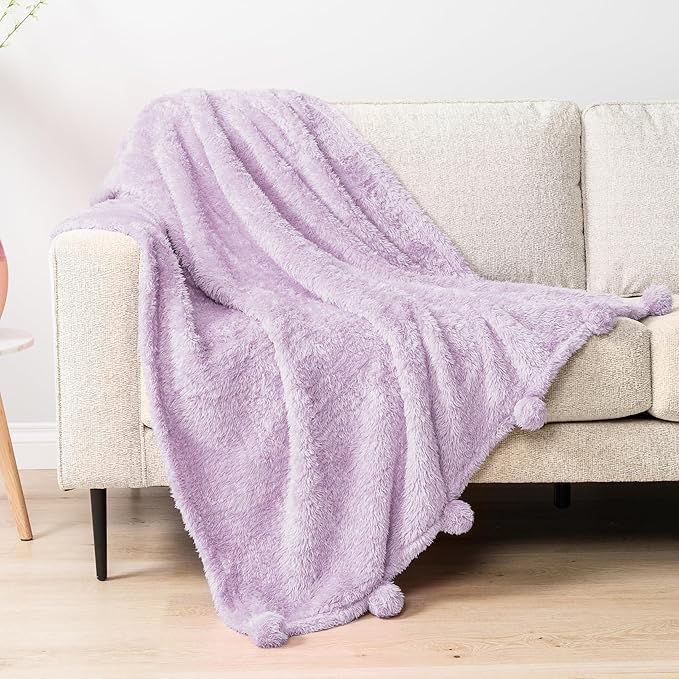 PAVILIA Lavender Sherpa Throw Blanket for Couch, Warm Plush Pom Pom Blanket Throw Twin, Fuzzy Sofa Blanket Throw for Bed, Lightweight Soft Cozy Fluffy Blanket with Pom Poms, Light Purple, 60x80