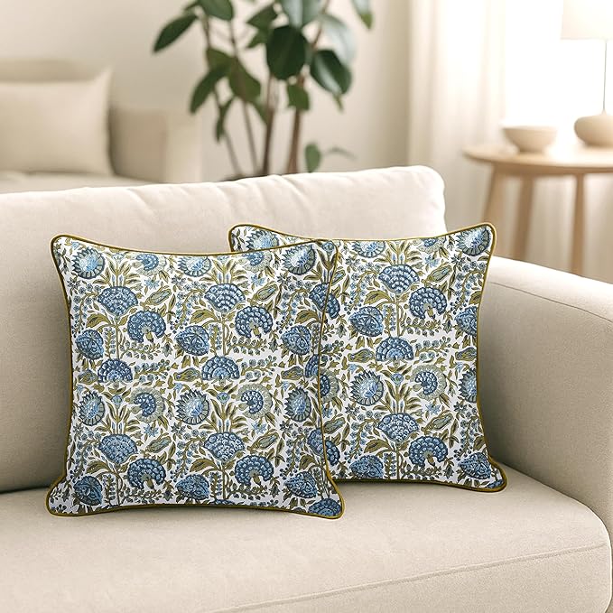SheetKart Pure Cotton Throw Pillow Covers - Set of 2 - Hand Block Pure Cotton Printed Boho Decorative Pillow Covers - Cushion Covers for Living Room, Bohemian Theme, 18 x 18 Inches, Midnight Olive
