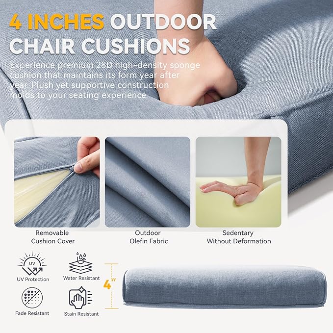 Patio Cushions for Outdoor Furniture - 22" x 25" x 4" UV Resistant Thick Foam Cushions Water Resistant Replacement Cushion for Outdoor Patio Furniture Chair/Sofa/Couch | Baby Blue | 4-Pack |