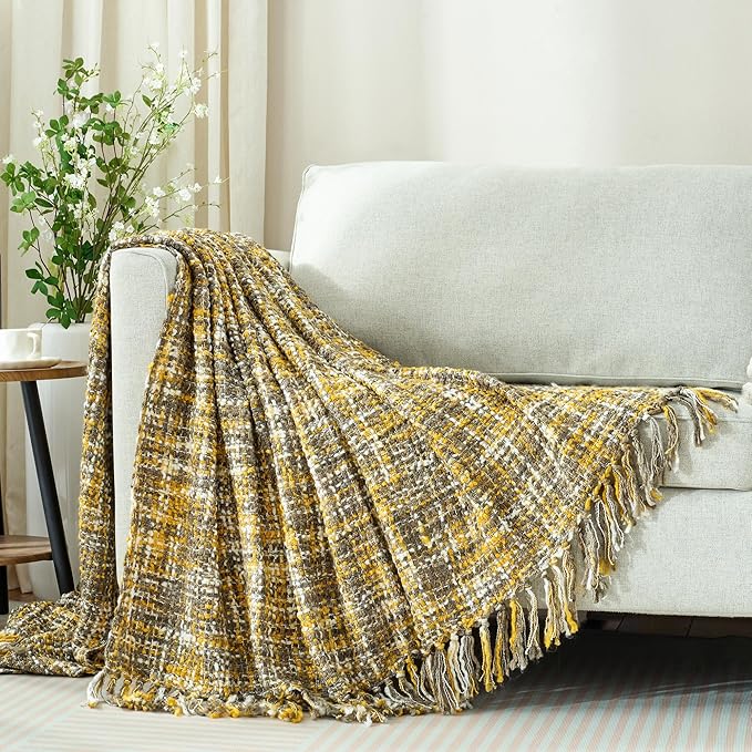 Multi-Color Gold Cable Knitted Throw Blanket for Couch,60"X80" Boho Style Textured Blankets for Home Decor,Super Soft Warm Cozy Chunky Knit Blanket with Decorative Tassels for Bed and Sofa
