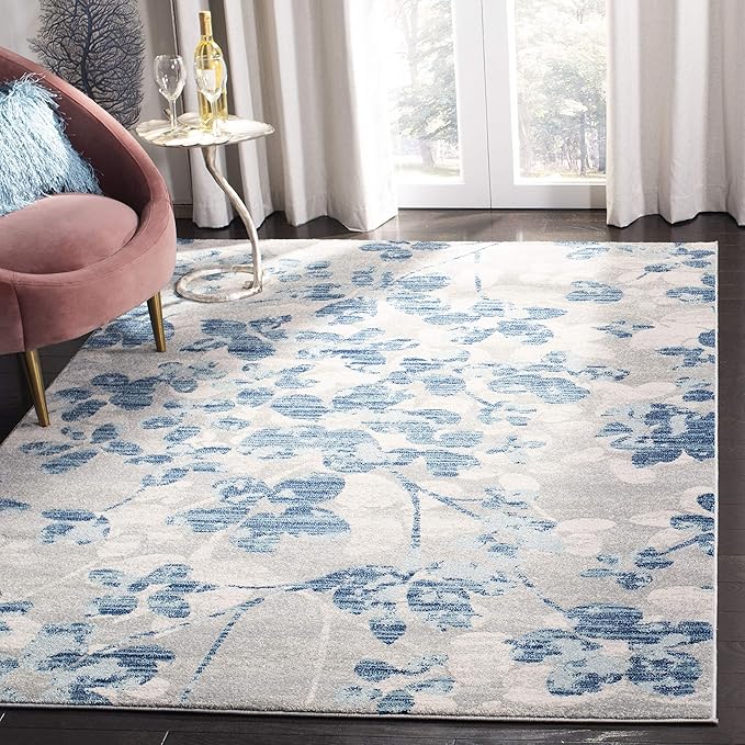 SAFAVIEH Evoke Collection 5'1" x 7'6" Grey/Light Blue EVK236J Floral Non-Shedding Living Room Bedroom Area Rug
