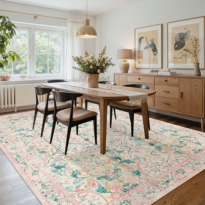 MUJOO Pink Washable Rugs 8x10,Floral Area Rug for Living Room Dining Room Bedroom,Large Throw Carpet,Boho Non Slip Indoor Floor Big Soft Botanical Vintage Ultra-Thin