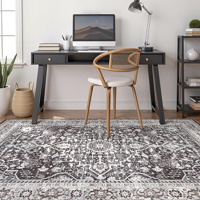 Black Rug Living Room Rugs: 8x10 Washable Boho Large Vintage Moody Soft Distressed Oriental Stain Resistant Non-Slip Indoor Floor Carpet for Bedroom Playroom Office Dining Room Retro Home House