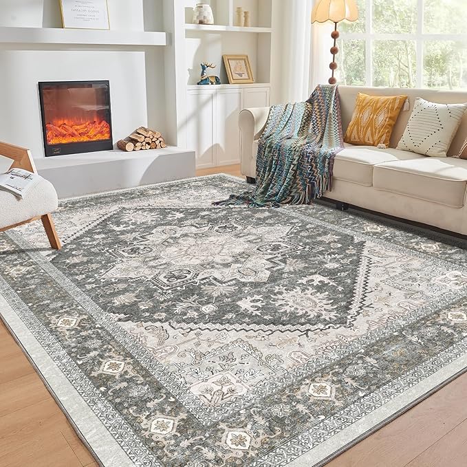 OPPODREAM Thin 6x9 Area Rugs, Washable Rug 6x9 with Non Slip Backing, Faux Cashmere Low-Pile 6 x 9 Carpet, Greenish Grey