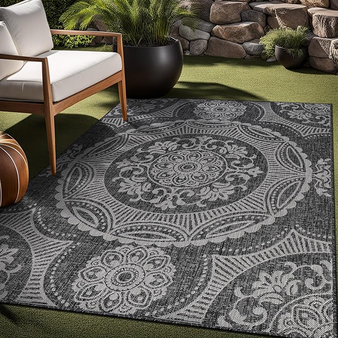 Medallion Outdoor Rug 8x10 Washable Outside Carpet for Indoor Patio Porch Waterproof Easy Cleaning Non Shedding Area Rugs Dark Gray 8 x 10