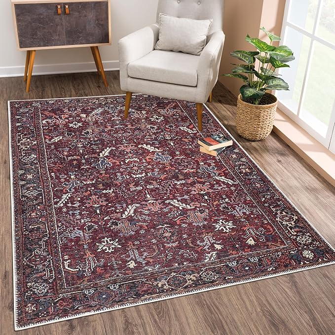 Bloom Rugs Washable Non-Slip 4' x 6' Rug - Burgundy Traditional Bordered Area Rug for Living Room, Bedroom, Dining Room, and Kitchen - Exact Size: 4' x 6'