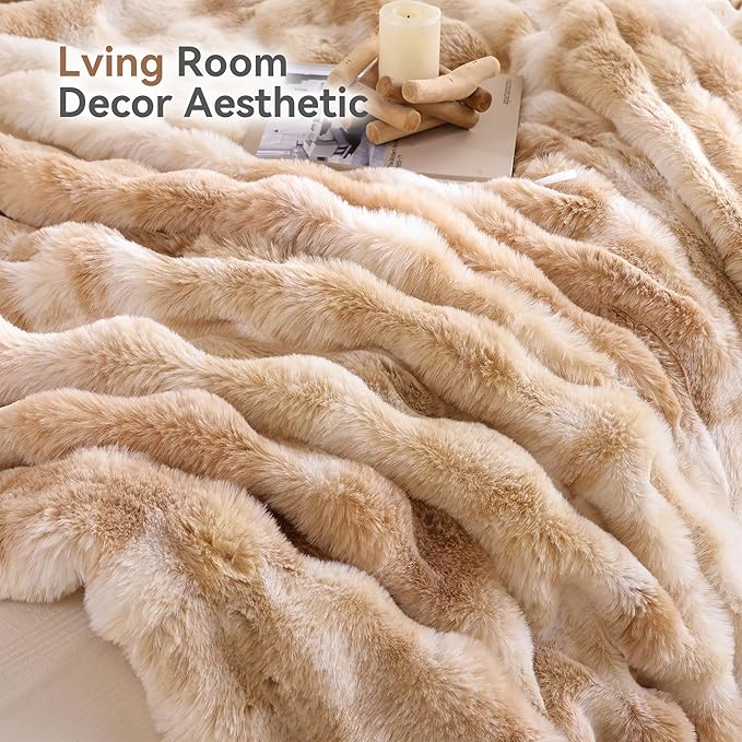 Smoofy Faux Fur Throw Blanket for Couch – Tie-dye Camel Fluffy Cozy Rabbit Fleece, Plush Soft Bubble Blanket for Sofa & Bed, for Mom, Warm Fuzzy Home Room Decor Throw 50" x 60"