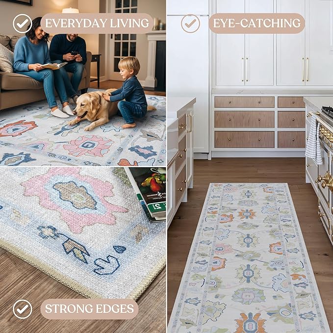Fame Living Cream Oushak Rug, Modern Small Rugs, Vintage, Turkish, Eclectic, Floral, Pastel, Washable, Door Mat, Doormat for Indoor Entrance, Entryway, Kitchen, Bathroom, Bedroom, Laundry, 2'x3'