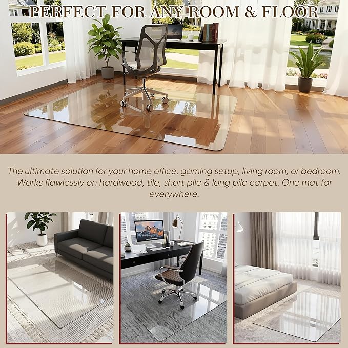 45"x45" Tempered Glass Office Chair Mat for Carpet & Hardwood Floor, 1/5" Thick Clear Floor Protector Desk Chair Mat with Rounded and Polished Edges