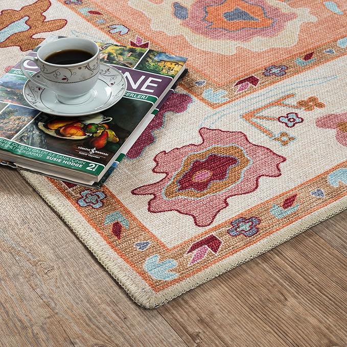 Fame Living Orange Oushak Rug, Modern, Vintage, Turkish, Eclectic, Floral, Pastel, Washable, Oversized, Extra Large Area Rugs for Living Room, Dining, Bedroom, Lounge 9'5"x14'