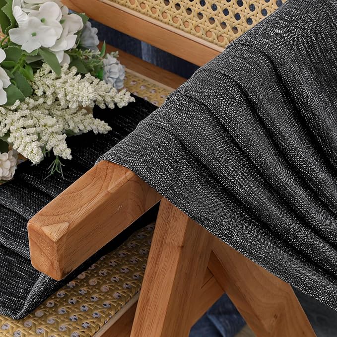 Simplebrand Black Faux Linen Textured Semi Sheer Curtains 96 Inches Long 2 Panels Set, Light Filtering Soft Thick Farmhouse Curtains Window Treatment for Bedroom/Living Room/Dining Room, 50 x 96 Inch
