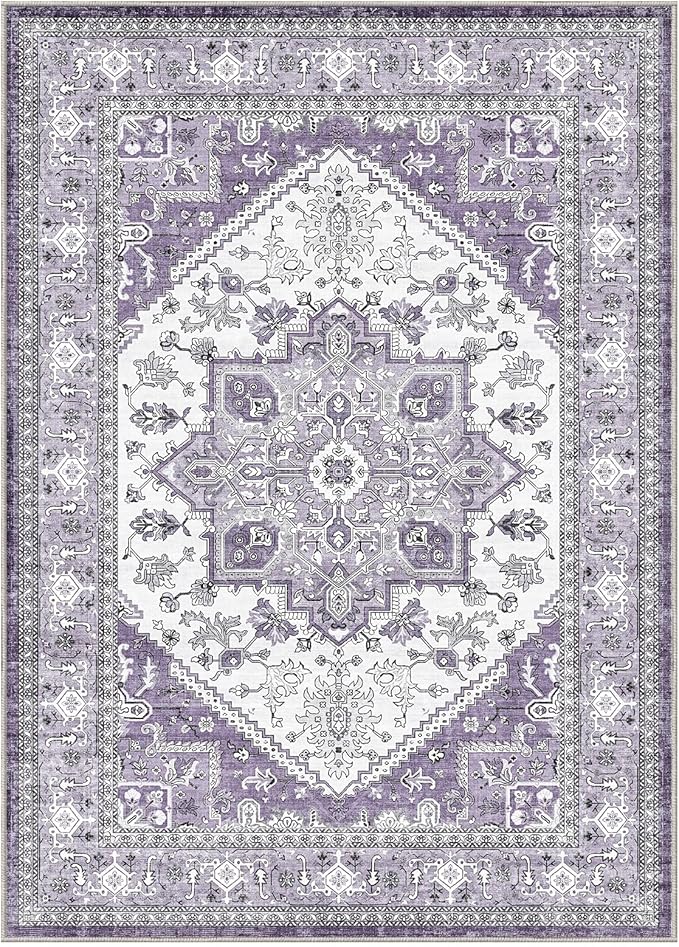 OPPODREAM Thin 6x9 Area Rugs, Washable Rug 6x9 with Non Slip Backing, Faux Cashmere Low-Pile 6 x 9 Carpet, Purple