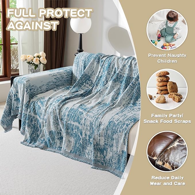 MEETSKY Couch Cover Boho Sofa Covers Couch Covers for 3 Cushion Couch Sofa Pet Friendly, Washable Abstract Geometric Sofa Slipcover for Sectional Sofa Cover with Tassel, 91" x 134", Blue