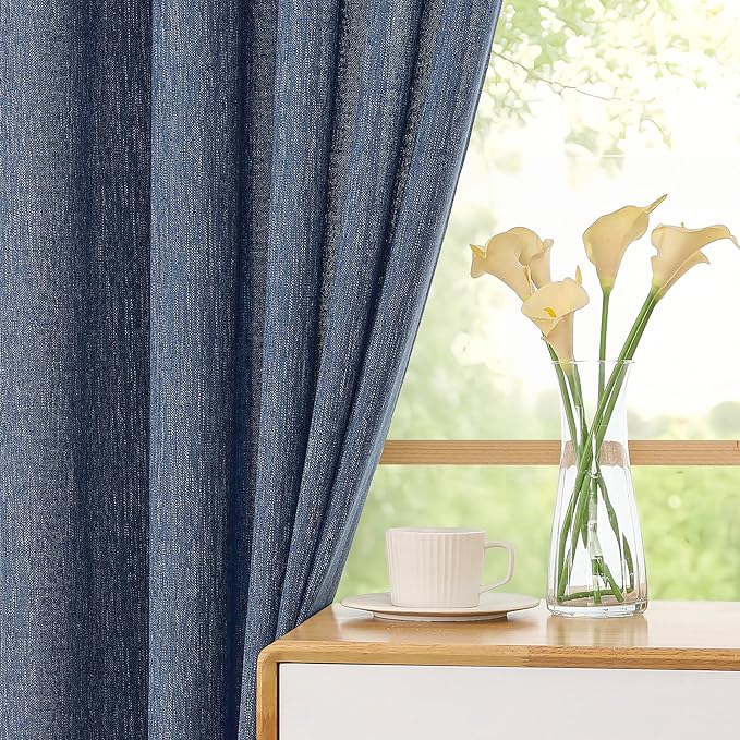 Simplebrand Navy Blue Faux Linen Textured Semi Sheer Curtains 72 Inches Long 2 Panels Set, Light Filtering Privacy Farmhouse Curtains, Soft Window Drapes Rod Pocket Top for French Door, 40W x 72L