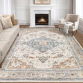 10x14 Area Rugs Living Room: Washable Boho Large Neutral Vintage Soft Rug Stain Resistant Distressed Farmhouse Non-Slip Indoor Floor Carpet for Bedroom Nursery Kids Office Dining Room- Beige Blue