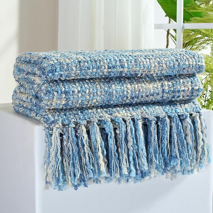 Multi-Color Light Blue Cable Knitted Throw Blanket for Couch,50"X60" Boho Style Textured Blankets for Home Decor,Super Soft Warm Cozy Chunky Knit Blanket with Decorative Tassels for Bed