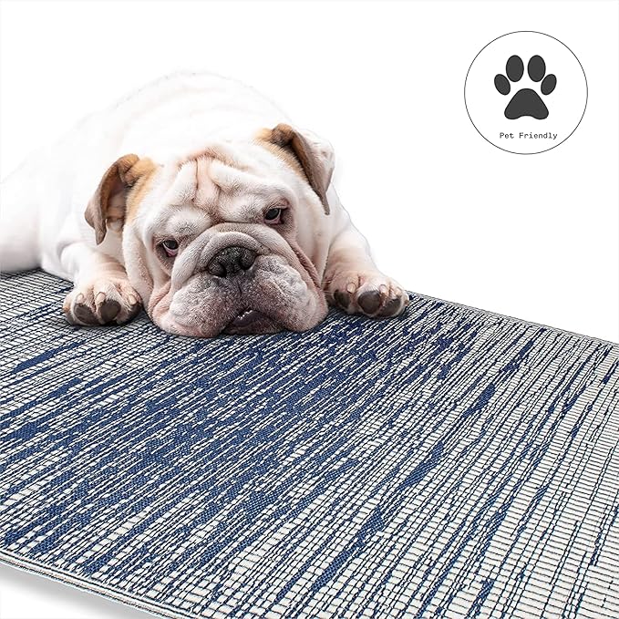 Fab Habitat Outdoor Rug - Waterproof, Fade Resistant, Crease-Free - Premium Recycled Plastic - Distressed Abstract Stripes - Patio, Deck, Porch, Balcony, Laundry Room - Brooklyn - Blue - 4 x 6 ft