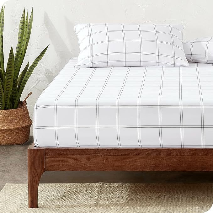 Bare Home Fitted Bottom Sheet Queen Size - Premium 1800 Microfiber - Ultra-Soft Hotel Luxury - Deep Pocket - Durable and Long Lasting (Queen, Modern Plaid - White/Grey)
