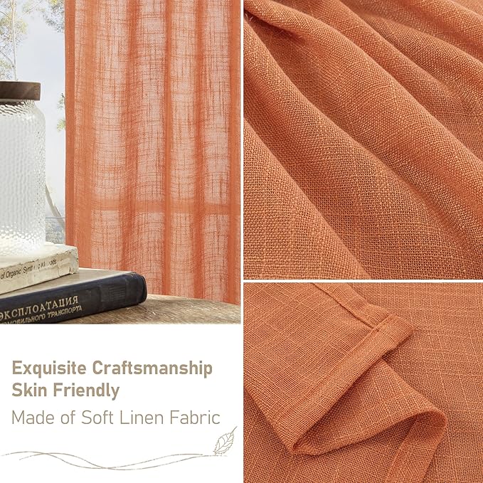LAMIT Burnt Orange Linen Curtains 30 Inch Length for Cafe, Semi Sheer Light Filtering Panels Back Tab and Rod Pocket Small Window Drapes for Basement, 2 Panels, 34 x 30 Inch