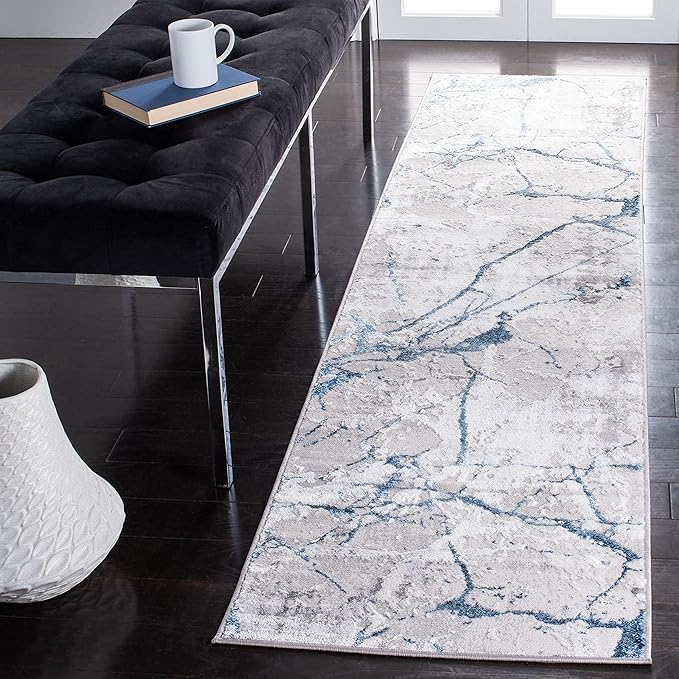 SAFAVIEH Amelia Collection Runner Rug - 2' x 14', Grey & Blue, Modern Abstract Design, Non-Shedding & Easy Care, Ideal for High Traffic Areas in Living Room, Bedroom (ALA293F)