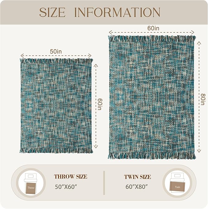 Multi-Color Teal Cable Knitted Throw Blanket for Couch,60"X80" Boho Style Textured Blankets for Home Decor,Super Soft Warm Cozy Chunky Knit Blanket with Decorative Tassels for Bed and Sofa