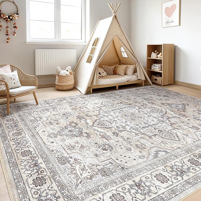 10x14 Area Rugs Living Room: Washable Boho Large Neutral Vintage Soft Rug Stain Resistant Farmhouse Non Slip Indoor Floor Carpet for Bedroom Nursery Kids Playroom Office Dining Room- Ivory Gray
