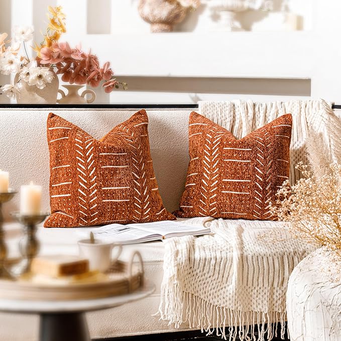 BlissBlush Fall Brick Red Decorative Throw Pillow Covers 18X18, Set of 2, Boho Farmhouse Cushion Cover, Cozy Soft Accent Pillowcase for Couch Sofa Bed Living Room Home Décor
