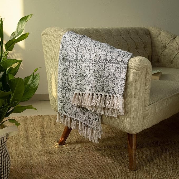 100% Pure Cotton Handblock Printed Throw Blanket, Soft 50" x 60" Fringed Floral Print Throw for Couch, Sofa, Chair, Bed - Cozy, Machine Washable, Comfortable Home Decor