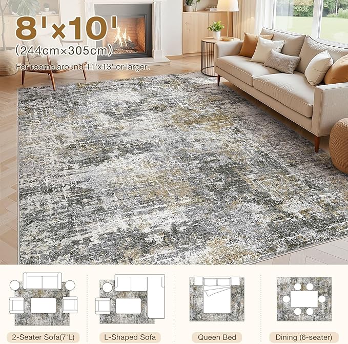 Abstract Living Room Rug 8x10 - Modern Washable Soft Thin Area Rug for Living Room Bedroom Under Dining Table - Neutral Indoor Floor Rug Carpets for Home Office Playroom Nursery - Black Gold