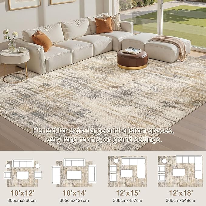 Area Rug for Living Room: 10x14 Washable Neutral Abstract Modern Soft Rugs Non Slip Indoor Floor Stain Resistant Large Carpet for Bedroom Dining Room Office Nursery - Golden Brown
