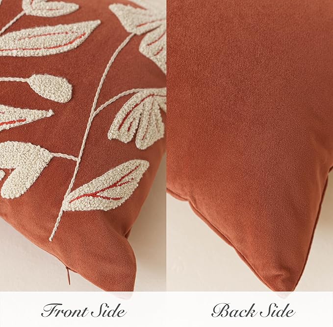 BlissBlush Fall Throw Pillow Cover 12x20, Rust Brick Red Soft Velvet Floral Decorative Lumbar Accent Throw Pillowcase,Textured Farmhouse Pillowcase for Couch Sofa Living Room Home Décor