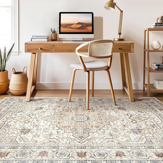 7x10 Area Rug Living Room: Washable Boho Large Neutral Vintage Soft Rugs Stain Resistant Farmhouse Non-Slip Indoor Floor Carpet for Bedroom Nursery Kids Playroom Office Dining Room- Cream Blue