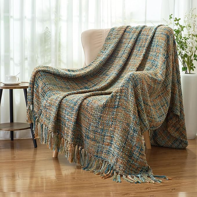 Multi-Color Gold Green Cable Knitted Throw Blanket for Couch,60"X80" Boho Style Textured Blankets for Home Decor,Super Soft Warm Cozy Chunky Knit Blanket with Decorative Tassels for Bed