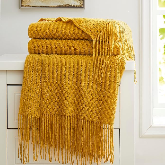 Mustard Yellow Knitted Throw Blankets for Couch, Bedroom and Officeroom,Textured Fade Resistant Soft and Warm Decorative Knitted Blankets with Tassel,50"x60"