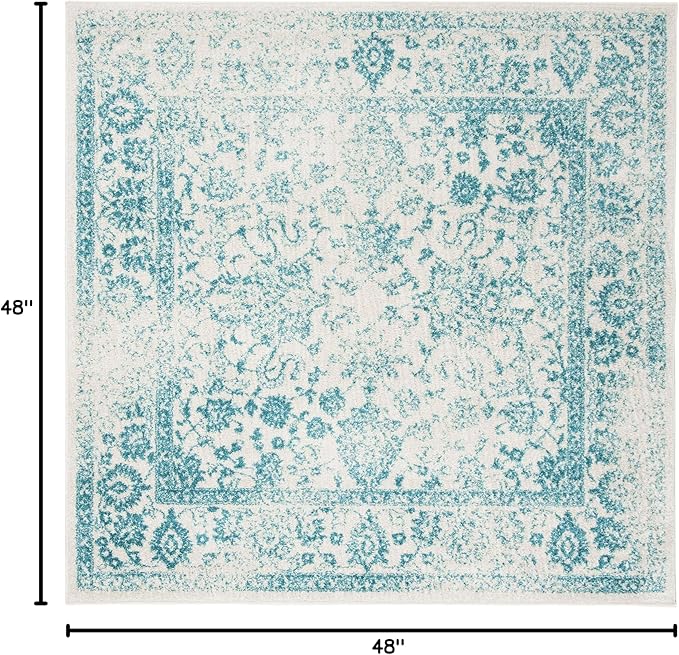 SAFAVIEH Adirondack Collection Area Rug - 4' Square, Ivory & Teal, Distressed Vintage Floral Design, Non-Shedding & Easy to Clean, Ideal for Living Room, Bedroom, Dining Space (ADR109D)