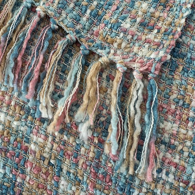 Multi-Color Pink Blue Cable Knitted Throw Blanket for Couch,50"X60" Boho Style Textured Blankets for Home Decor,Super Soft Warm Cozy Chunky Knit Blanket with Decorative Tassels for Bed