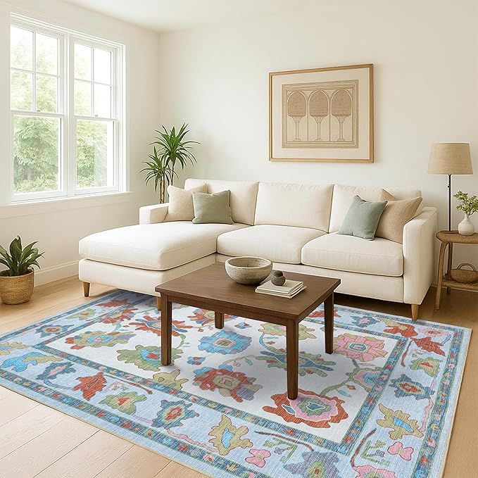 Fame Living Colorful Oushak Rug, Modern, Vintage, Turkish, Eclectic, Floral, Pastel, Washable, Extra Large Area Rugs for Living Room, Dining, Bedroom, Lounge, 9'x12'