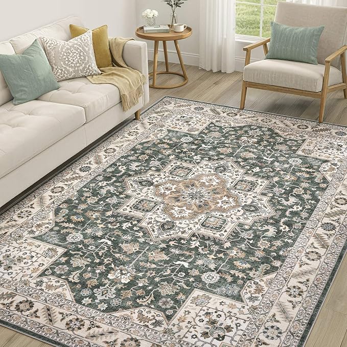 Vintage Living Room Area Rug 5x8 - Large Soft Washable Oriental Traditional Distressed Farmhouse Rugs for Bedroom - Indoor Floor Accent Carpet for Home Office House Decor - Vintage Green