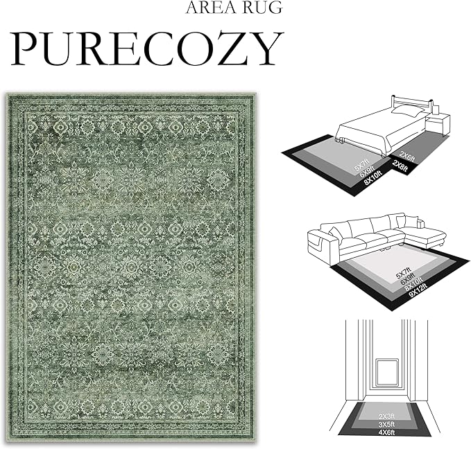 6x9 Vintage Area Rug Green Washable Living Room Large Non Slip Carpet Bedroom Indoor Office Low Pile Traditional Distressed Retro Floral Accent Rug for Dining Room Kitchen