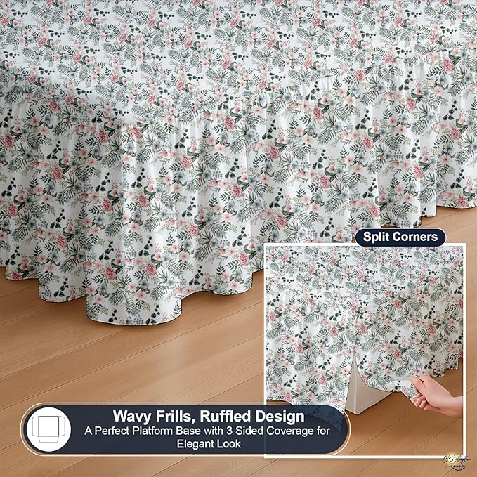 Cottington Lane Ruffled Bed Skirt Queen Size with Split Corner, Brushed Microfiber Hotel Quality Dust Ruffle, 24 Inch Drop Gathered Bedskirt, Soft, Stylish, Shrink & Fade Resistant, Petal Dream