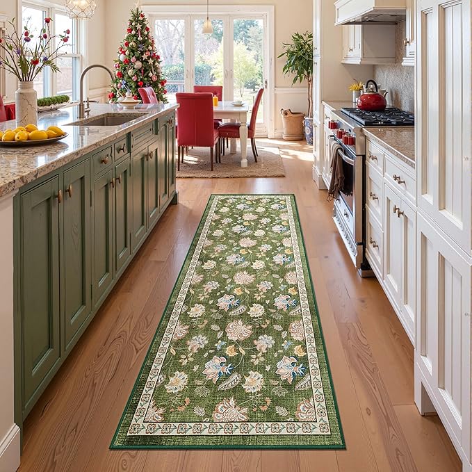 jinchan Elora 3x10 Floral Runner Rug for Hallway Washable Runner Vintage Romance Christmas Design Non Slip Thin Indoor Floor Cover Low-Profile Throw Carpet for Entryway Bathroom Bedroom Porch, Green
