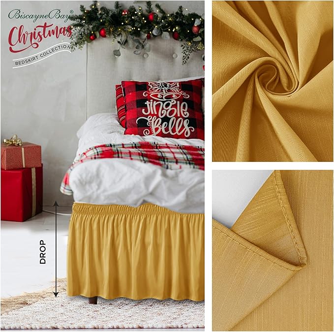 Biscaynebay Wrap Around Bed Skirts for Queen Beds15 Drop, Christmas Gold Adjustable Elastic Dust Ruffles Easy Fit Wrinkle & Fade Resistant Silky Luxurious Fabric Machine Washable