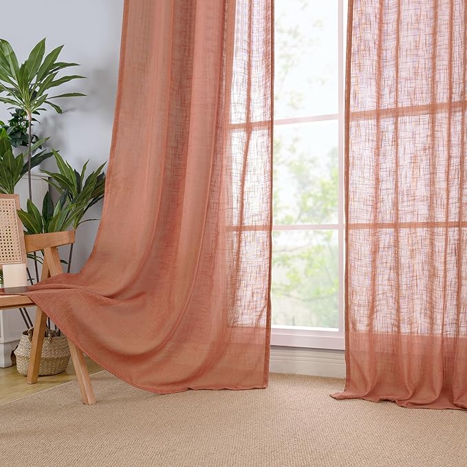 LAMIT 63 Inch Semi Sheer Linen Curtains, Light Filtering Panels Back Tab and Rod Pocket Fall Decor Drapes for Bedroom/Living Room, Terracotta, 2 Panels, 34 x 63 Inch